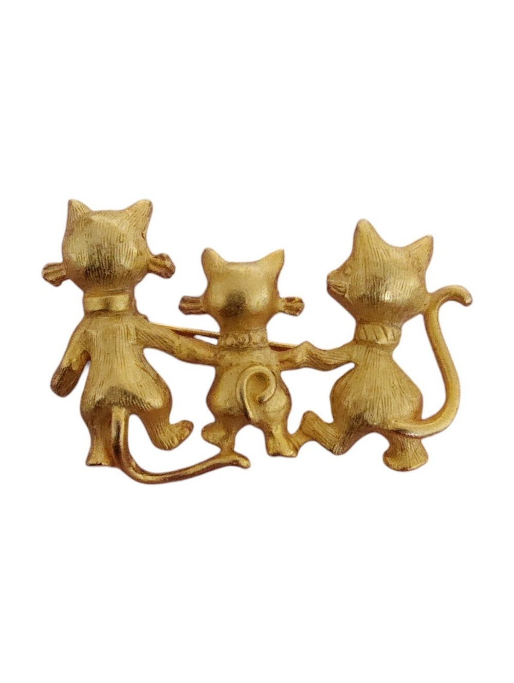 Whimsical Matte Gold Three Kittens Cat Family Figural Brooch